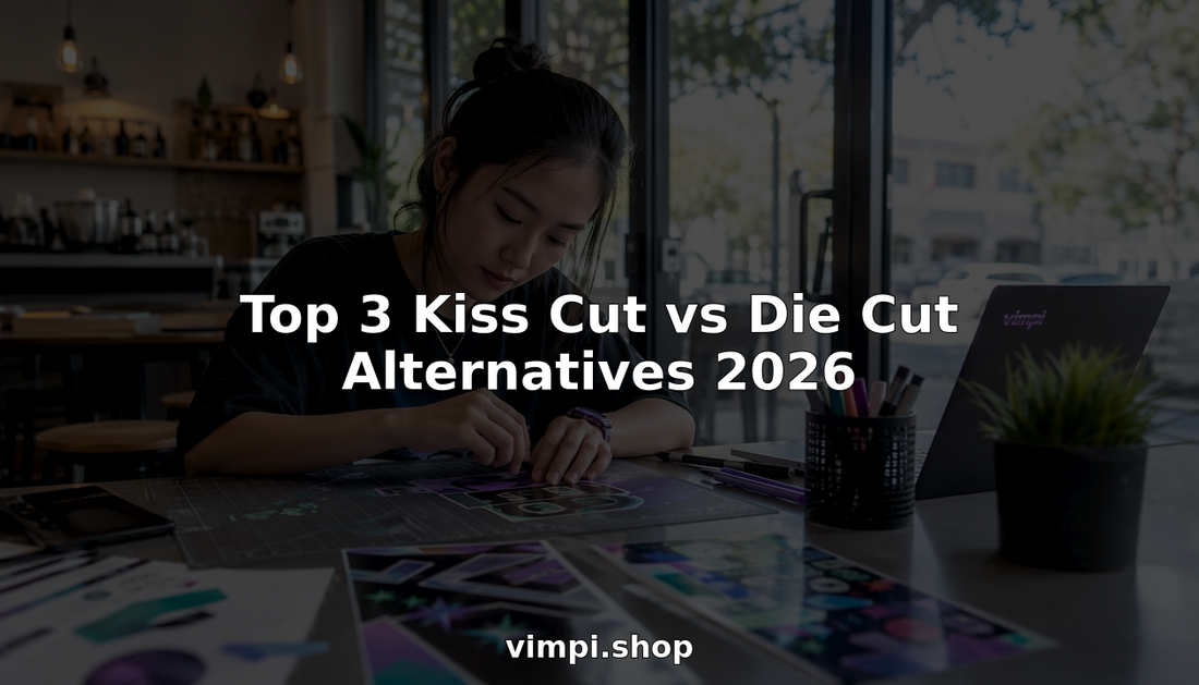 Woman arranging custom stickers on craft table