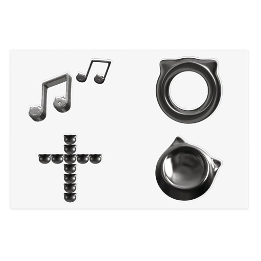 Glossy Black Icon Sticker Sheet — Music Notes, Cross & Cat Badge Decals Printify