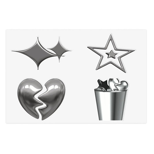 Chrome Emoji Sticker Sheet — Metallic Stars, Heart & Trash Can Sticker Pack Printify