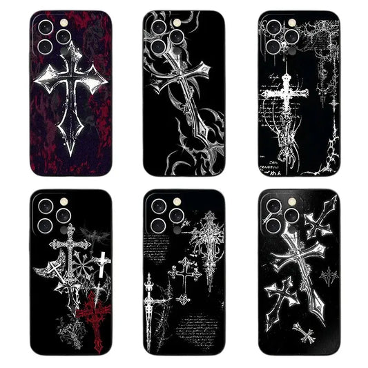 Gothic Cyber Sigil Cross Soft Phone Case for iPhone 11 13 14 15 16 Pro Max 17 Air 16E 12 Mini 7 Black Back Cover Vimpi